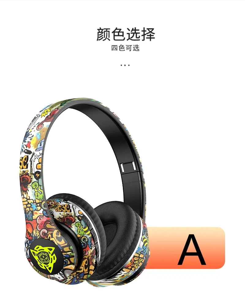 Colorful headphones with a black frame on a white background