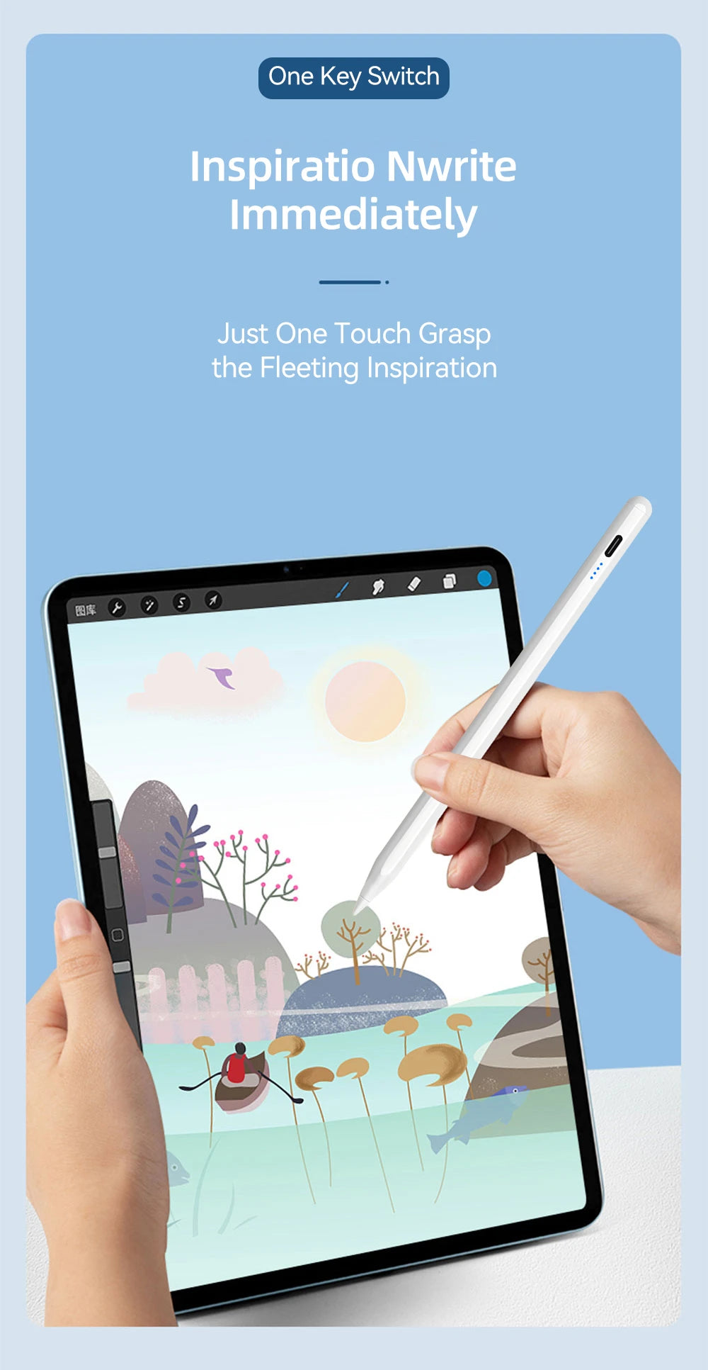 Person holding a stylus over a tablet with a drawing of a boat and mountains, on a light blue background.