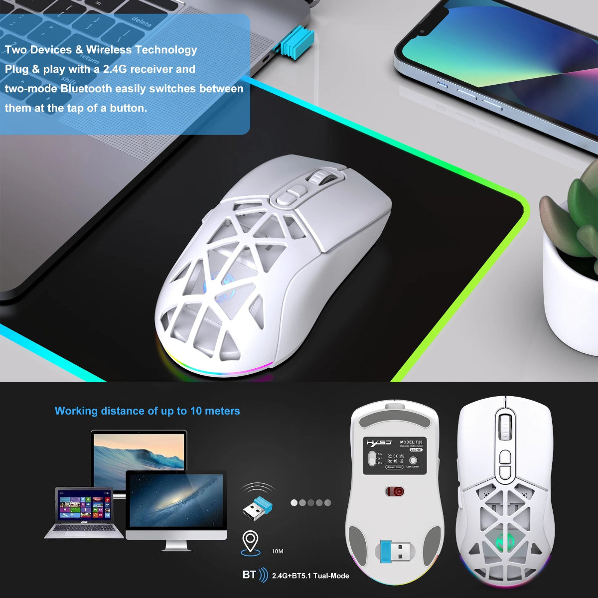 White gaming mouse on a desk with computer equipment and text about wireless technology.
