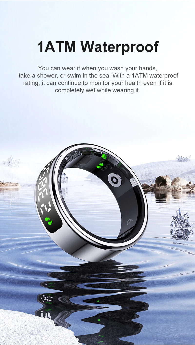 Smart ring with water resistance feature displayed on a water background