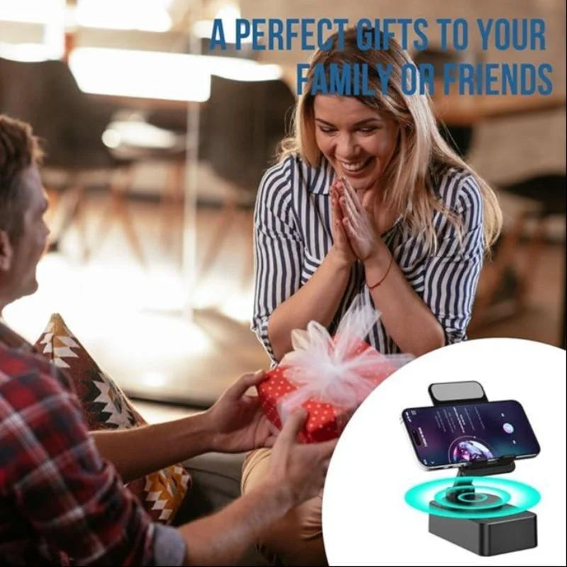 Person giving a gift to another person with a product inset showing a phone and wireless charging pad.
