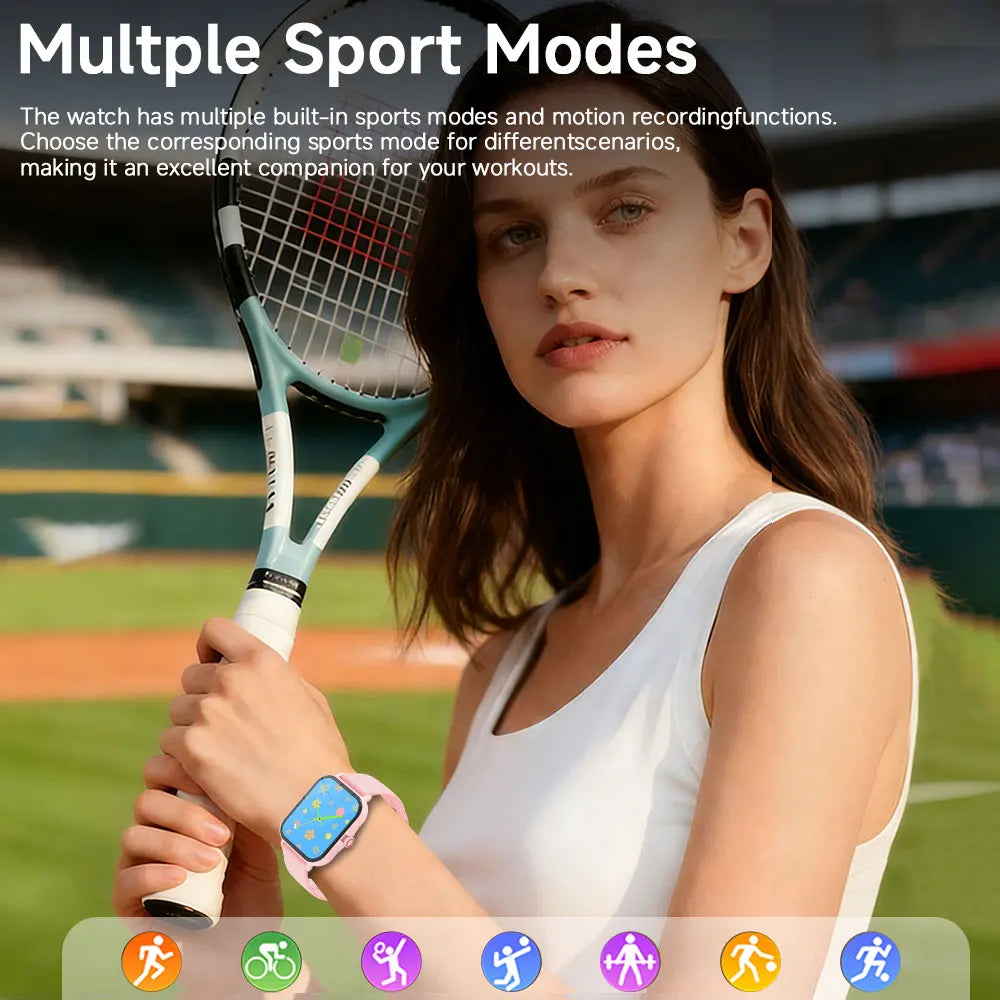 Woman holding a tennis racket with a smartwatch on her wrist, set against a sports field background.