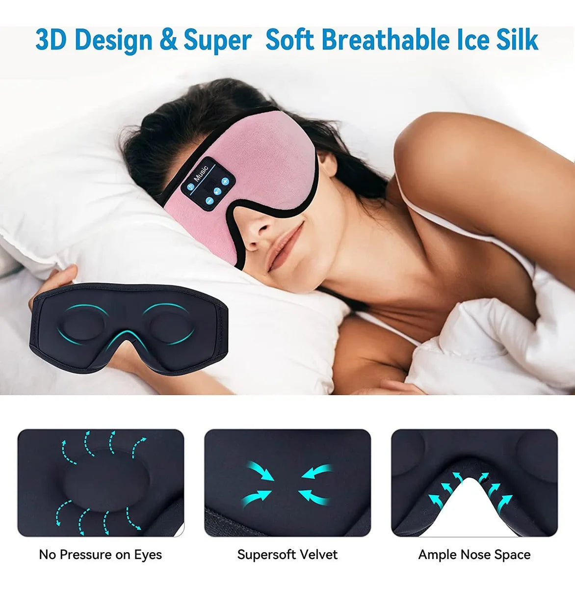 Woman wearing a pink sleep mask with close-up details on a white background