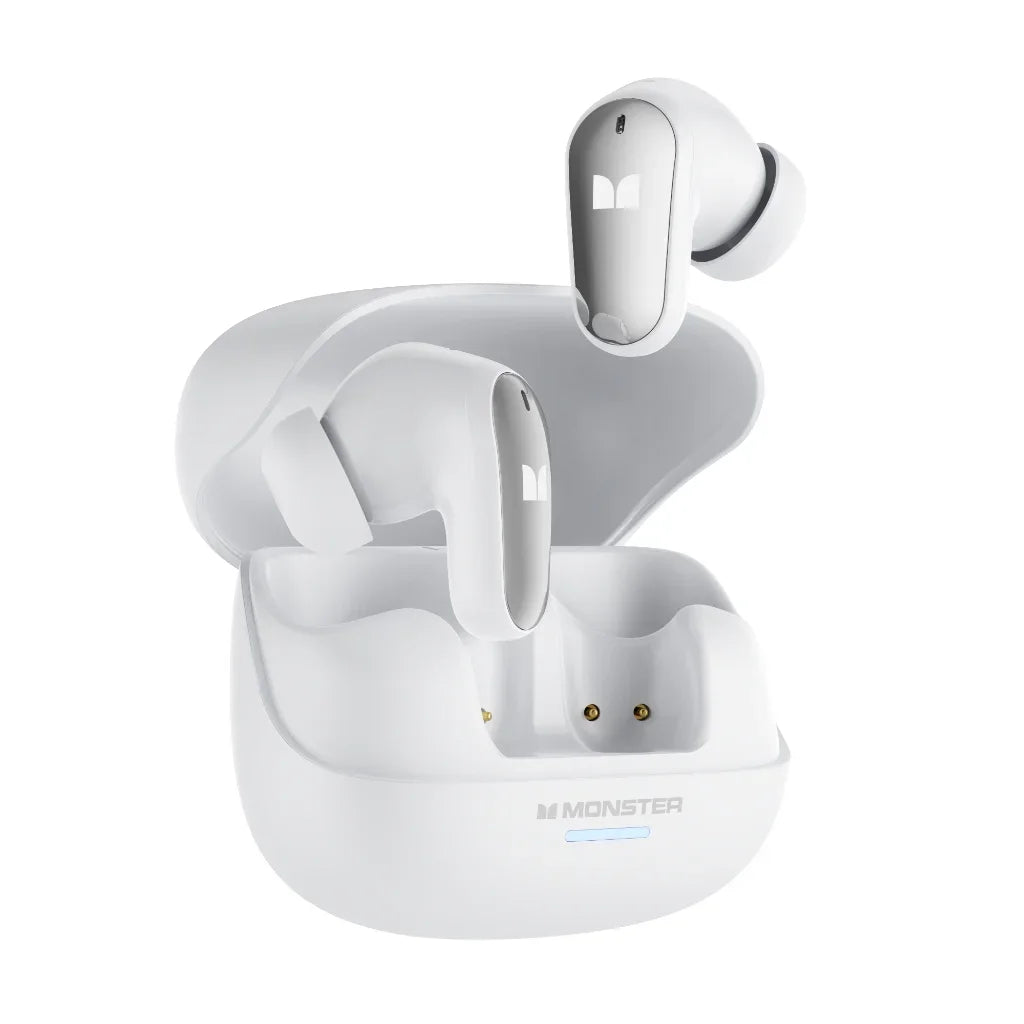 White wireless earbuds with charging case on a white background