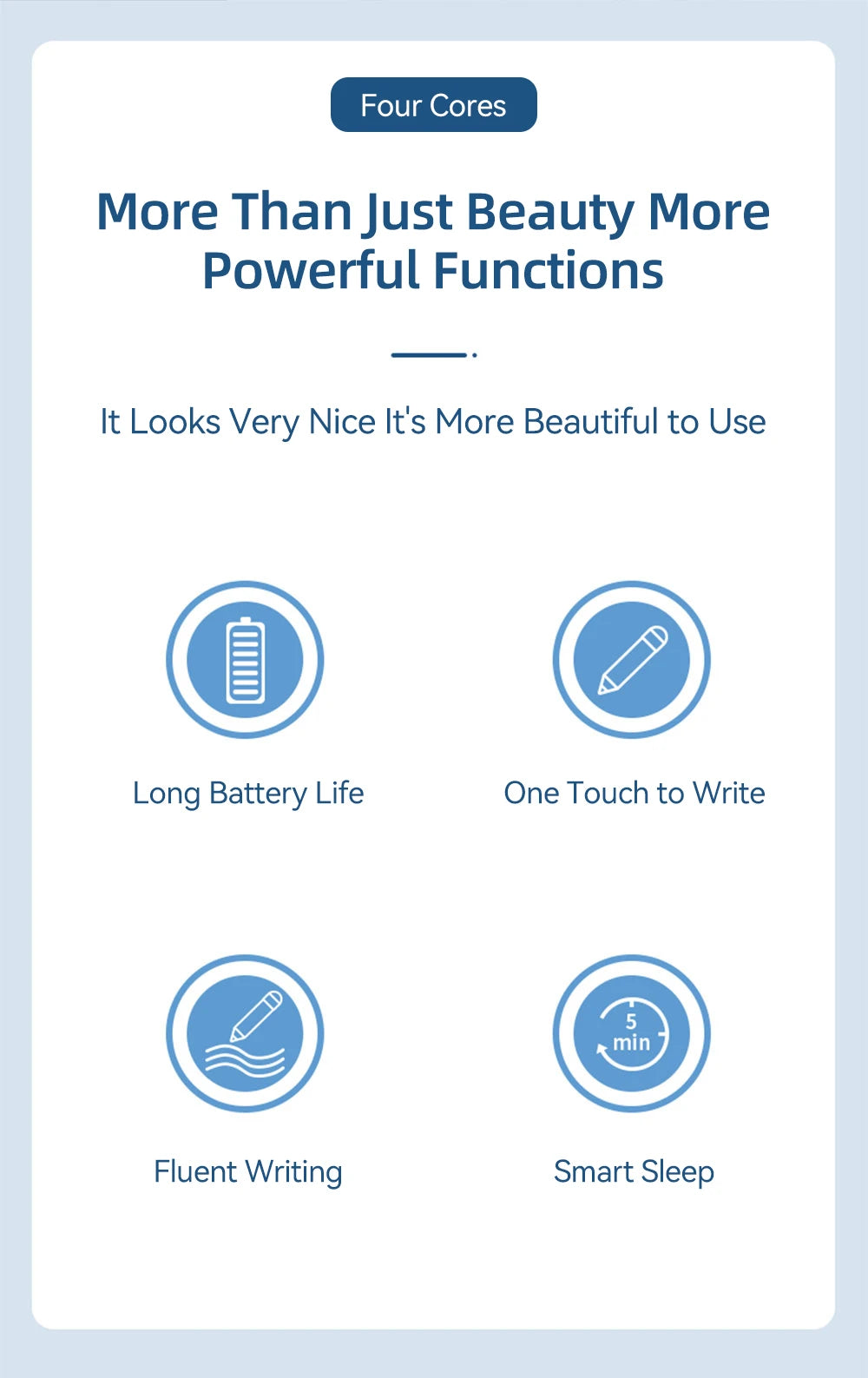 Product feature card with icons and text on a light blue background