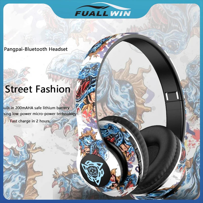 Bluetooth headset with colorful design on a Fuall Win branded background
