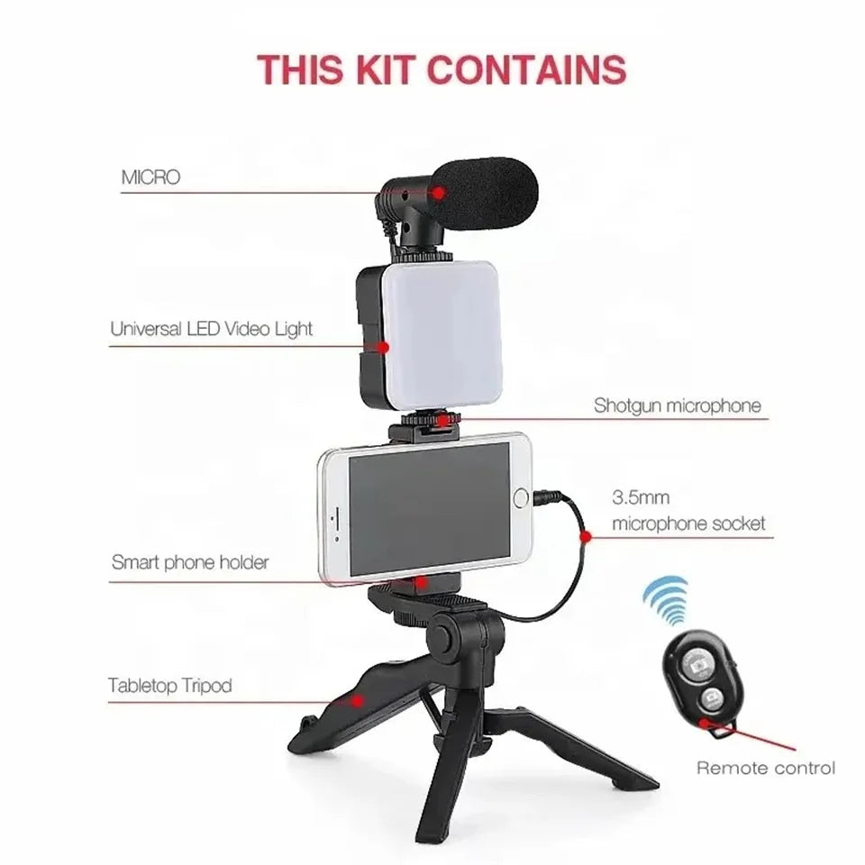 Vlogging kit with smartphone holder, microphone, light, and remote control on a white background