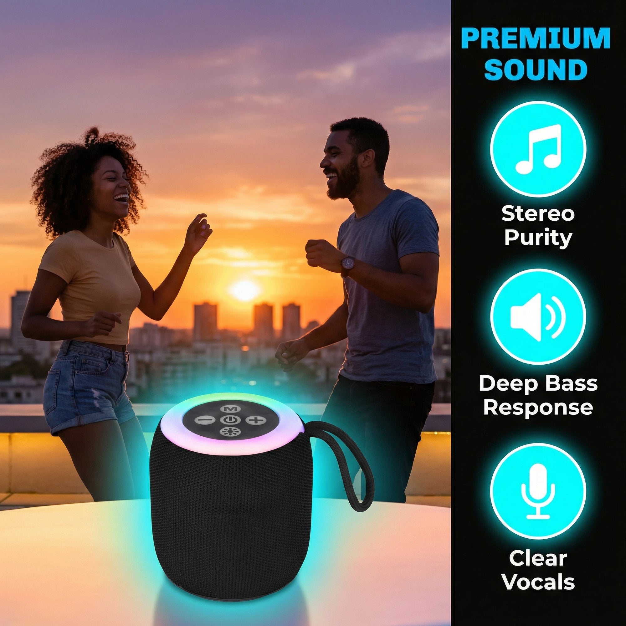 Two people enjoying music from a portable speaker with sunset background