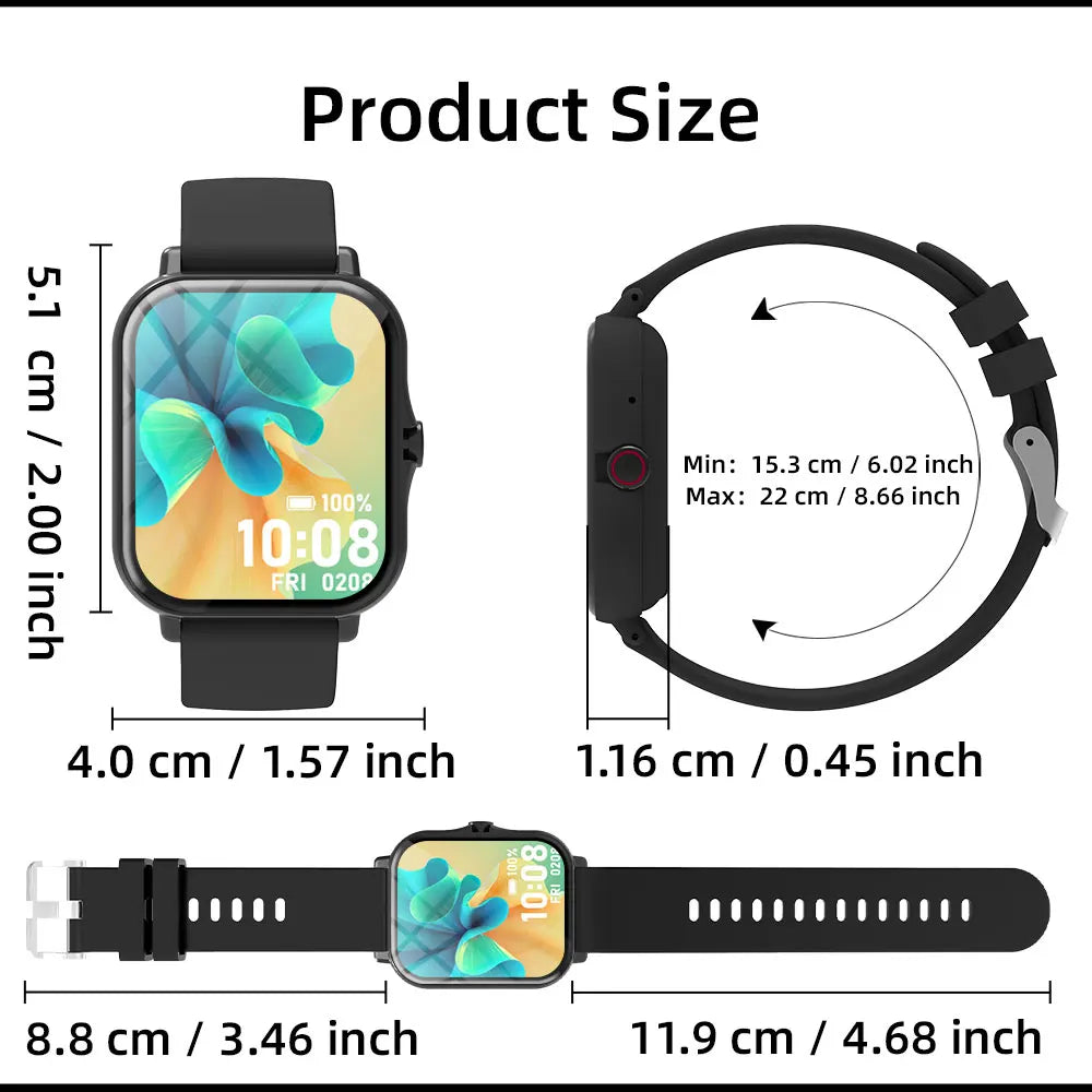 Smartwatch with dimensions labeled on a white background