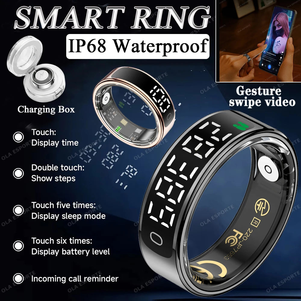 Smart ring with digital display and charging box on a dark background