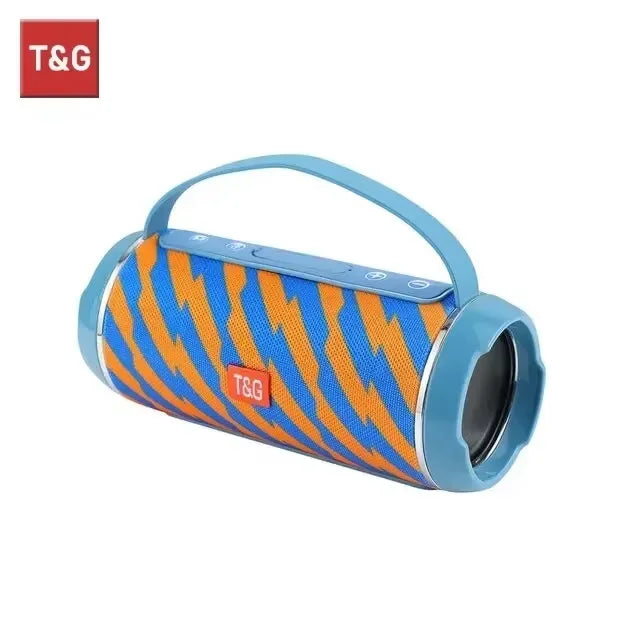 Blue and orange striped portable speaker with T&G branding on a white background