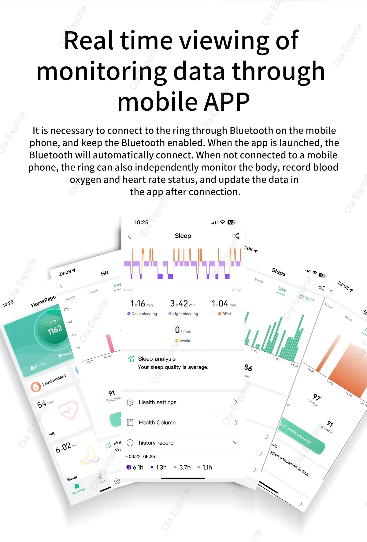 Smart device screen displaying health monitoring app with graphs and data on a white background