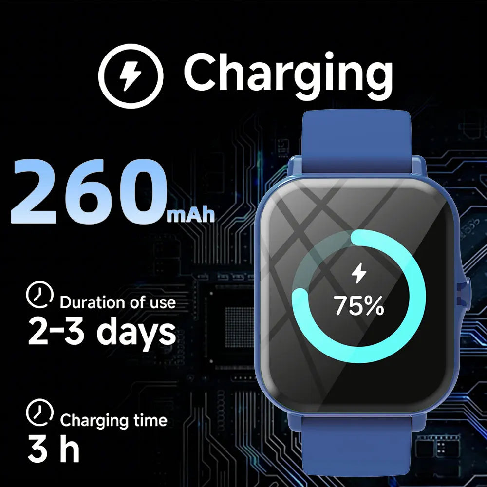 Smartwatch with charging indicator on a black background with text about battery life and charging time.