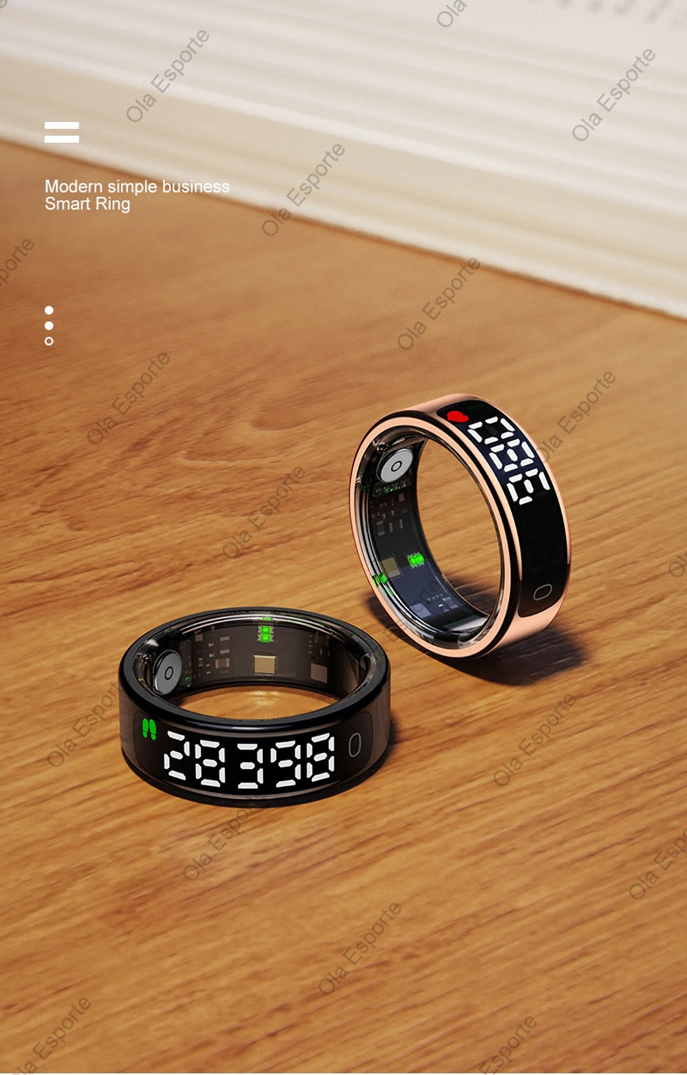 Two digital smart rings on a wooden surface with visible brand name.