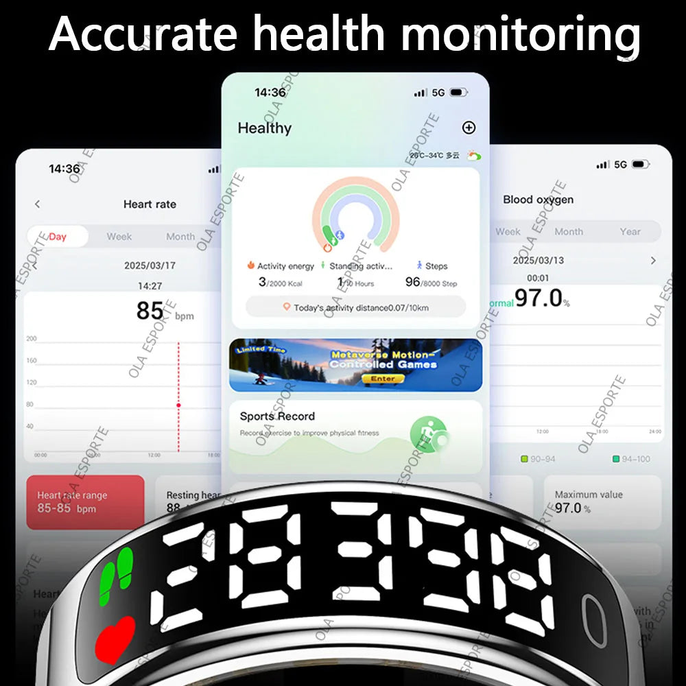 Smartwatch with health monitoring app on smartphone displaying heart rate and blood oxygen levels.