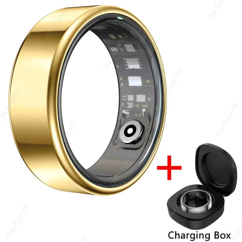 Gold smart ring with electronic components and a black charging box on a white background