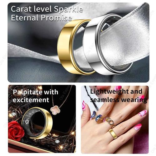 Collage of gold and silver rings with text highlighting features like 'Carat level Sparkle', 'Eternal Promise', 'Palpitate with excitement', and 'Lightweight and seamless wearing'.