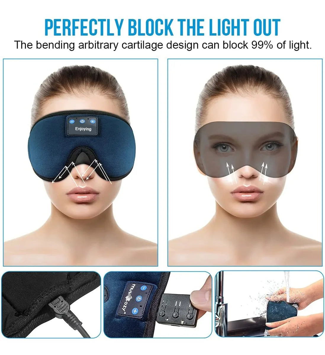 Sleep mask with features and benefits highlighted on a white background