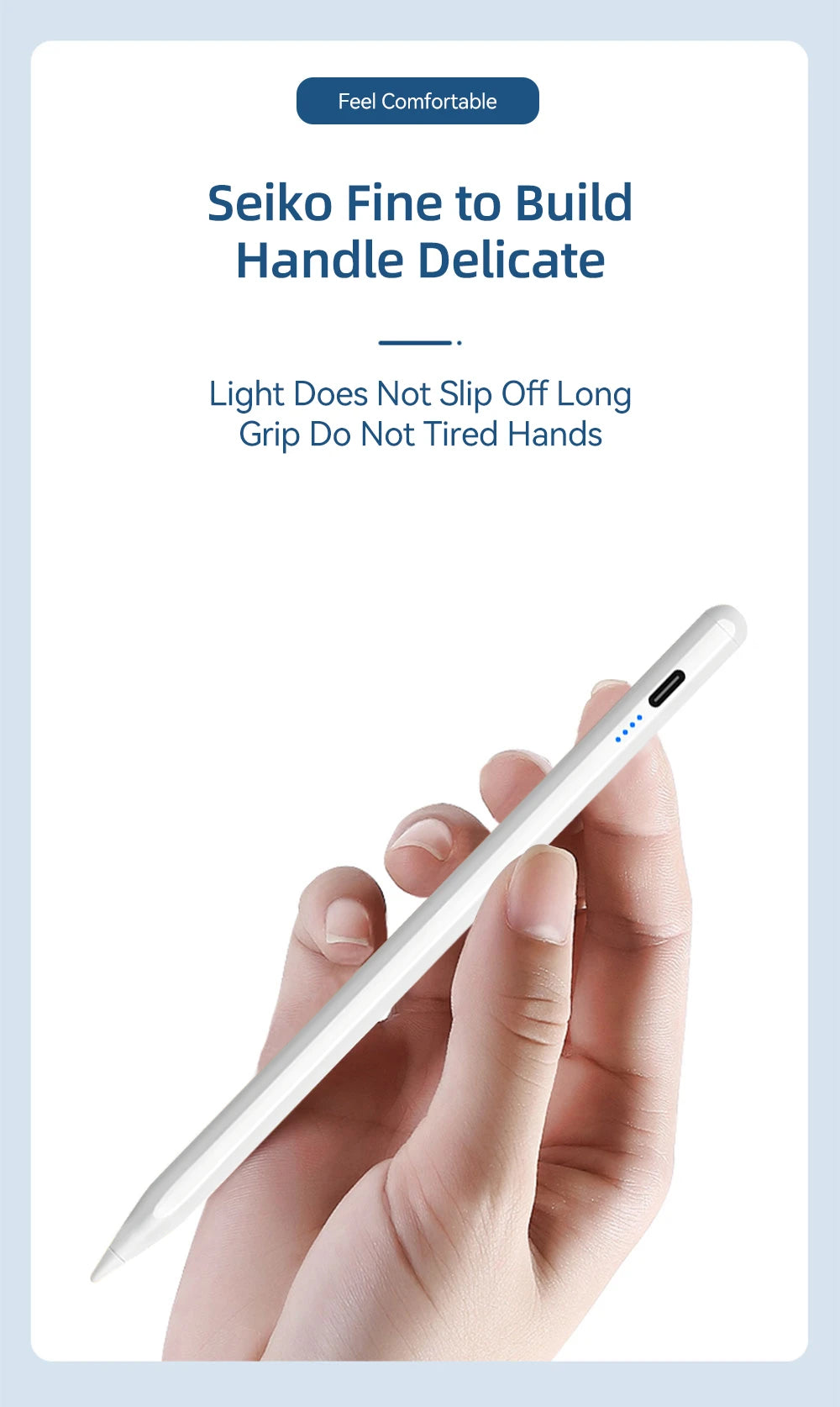 Hand holding a white pen with Seiko branding and text about pen comfort and design.