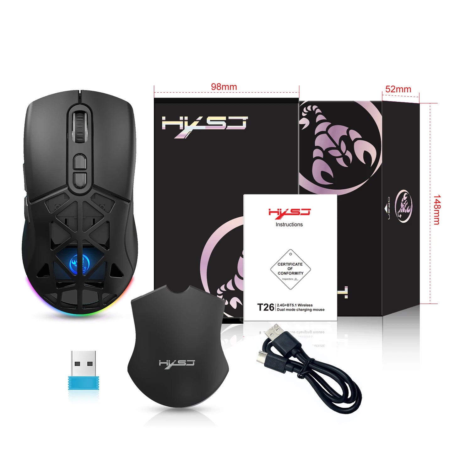 Gaming mouse with packaging, USB receiver, and cable on a white background