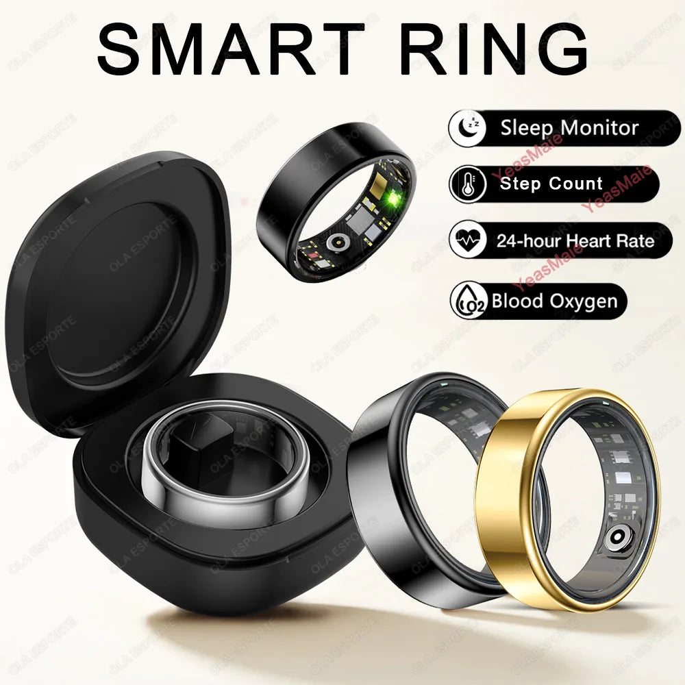 Smart ring with black and gold versions, open case, and feature icons on a white background