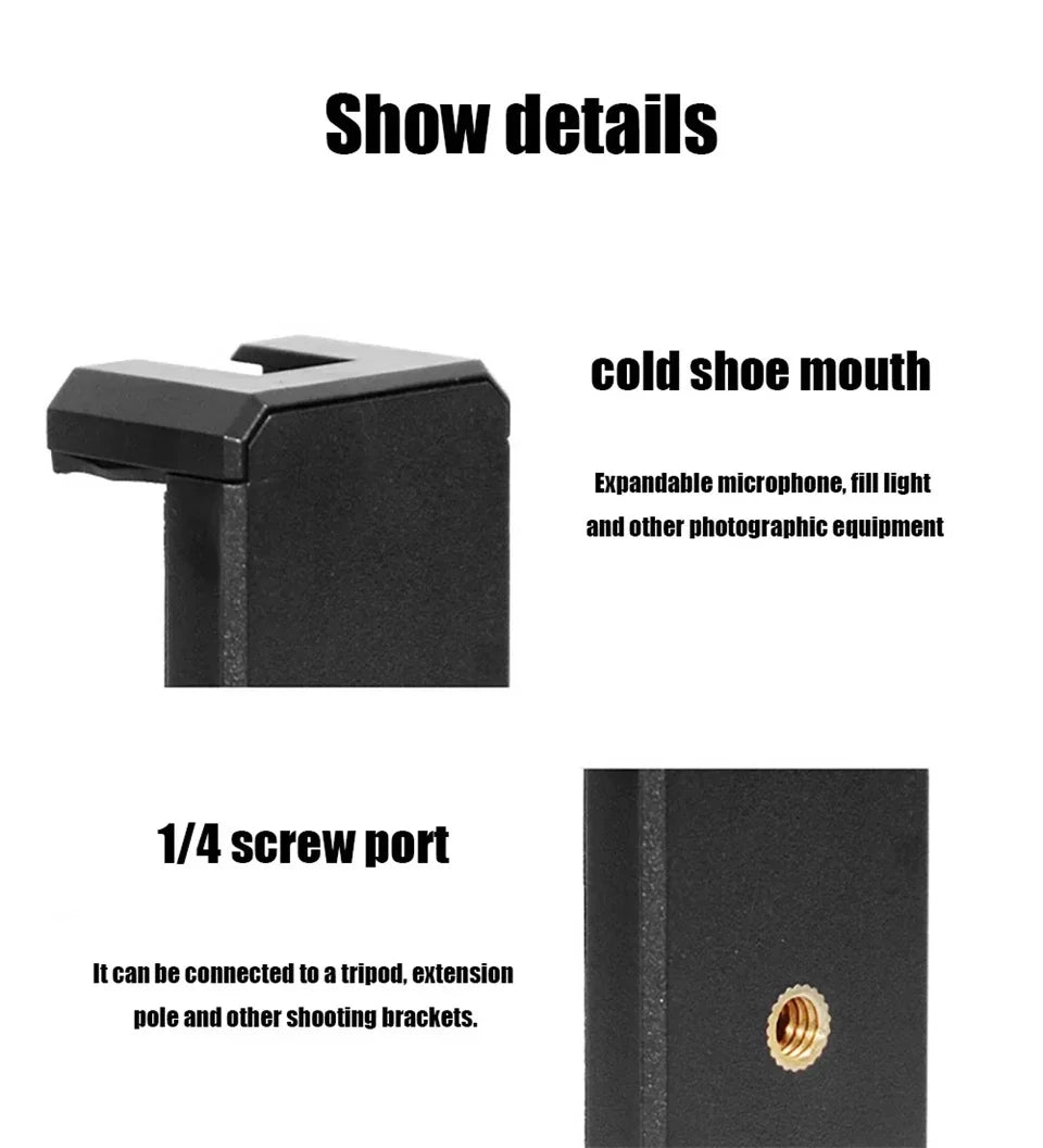 Black cold shoe mount with 1/4 screw port on a white background