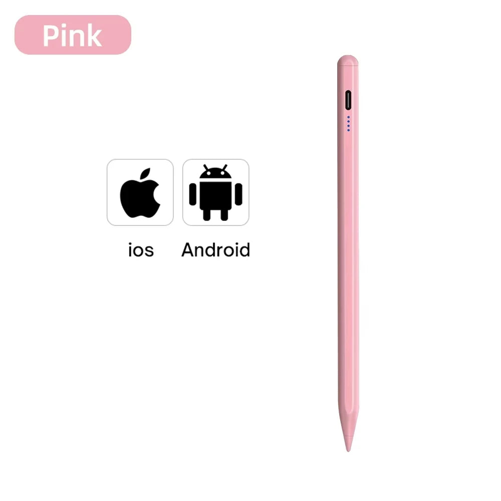 Pink stylus with iOS and Android icons on a white background