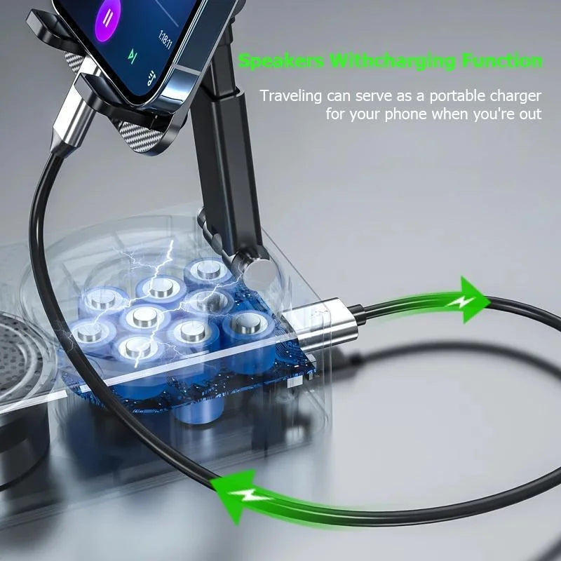 Phone holder with wireless charging pad and smartphone displaying charging icon.