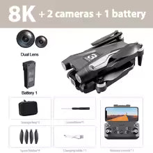 Drone with dual lens, battery, storage bag, screwdriver, and remote control on a gray background.