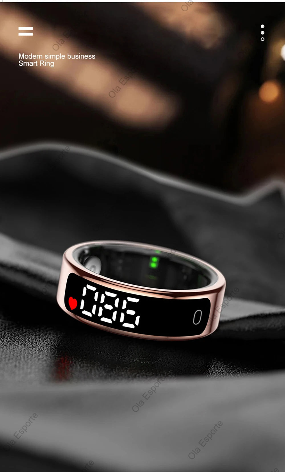 Smart ring with digital display on a dark fabric background