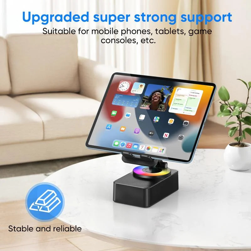 Tablet on a stand with a living room background, emphasizing stability and support.