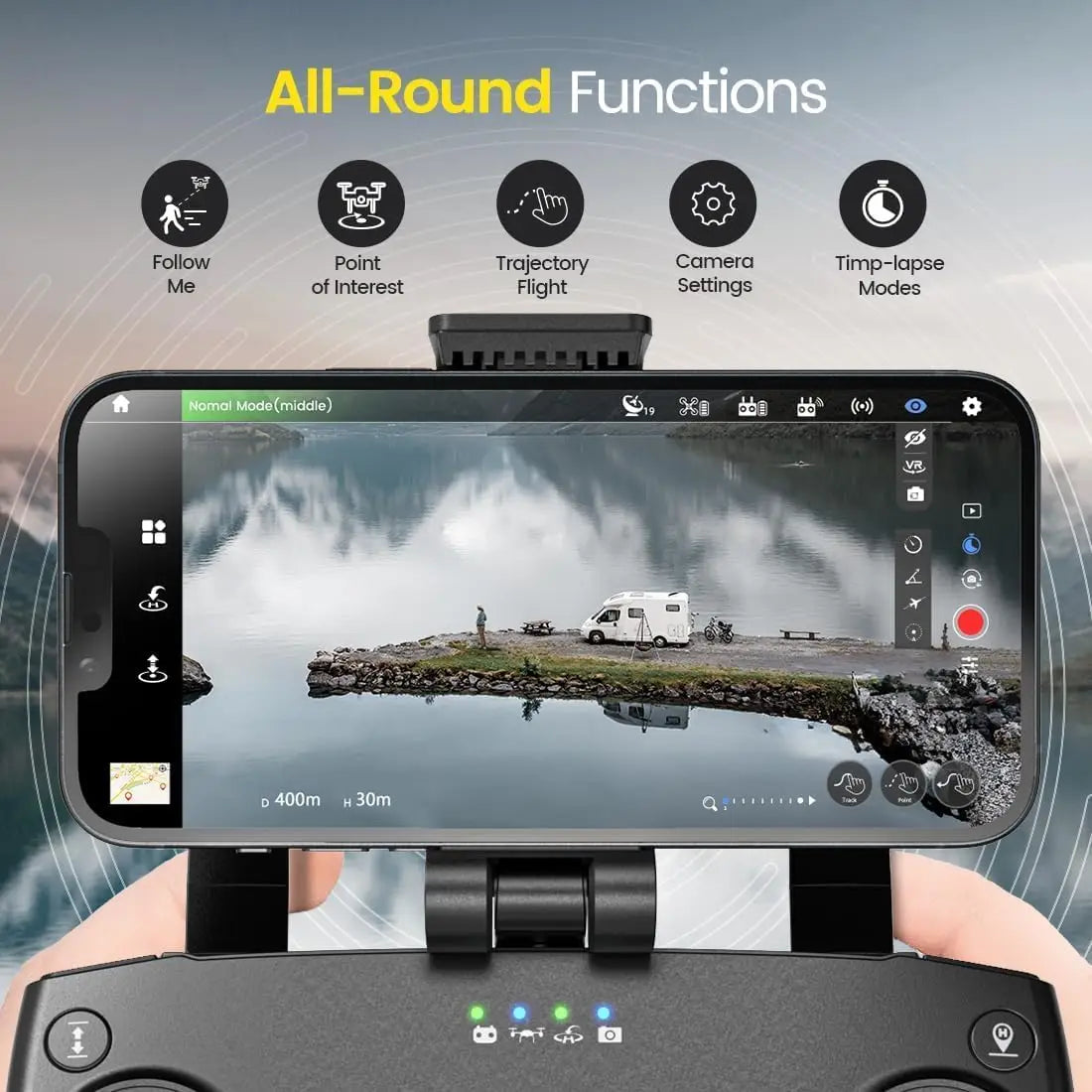 Smartphone with app interface on screen displaying a scenic view, held by a person. App features listed above the phone.