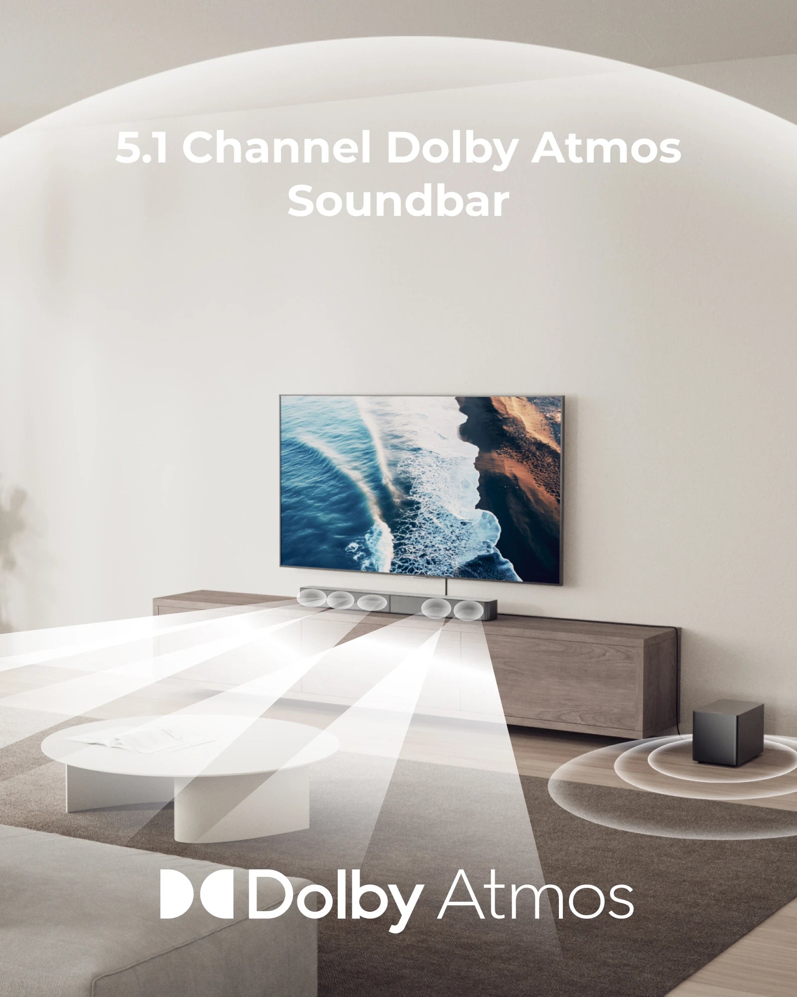 Modern living room with a TV and Dolby Atmos soundbar, featuring the Dolby Atmos logo.