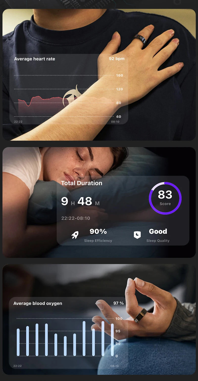 Health monitoring app interface showing heart rate, sleep quality, and blood oxygen levels.