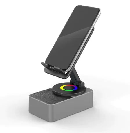 Phone stand with wireless charging base on a white background