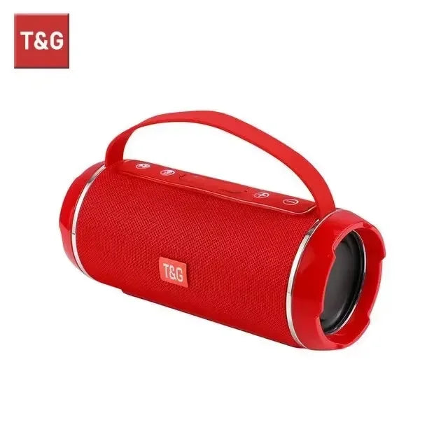 Red portable speaker with handle and T&G logo on a white background