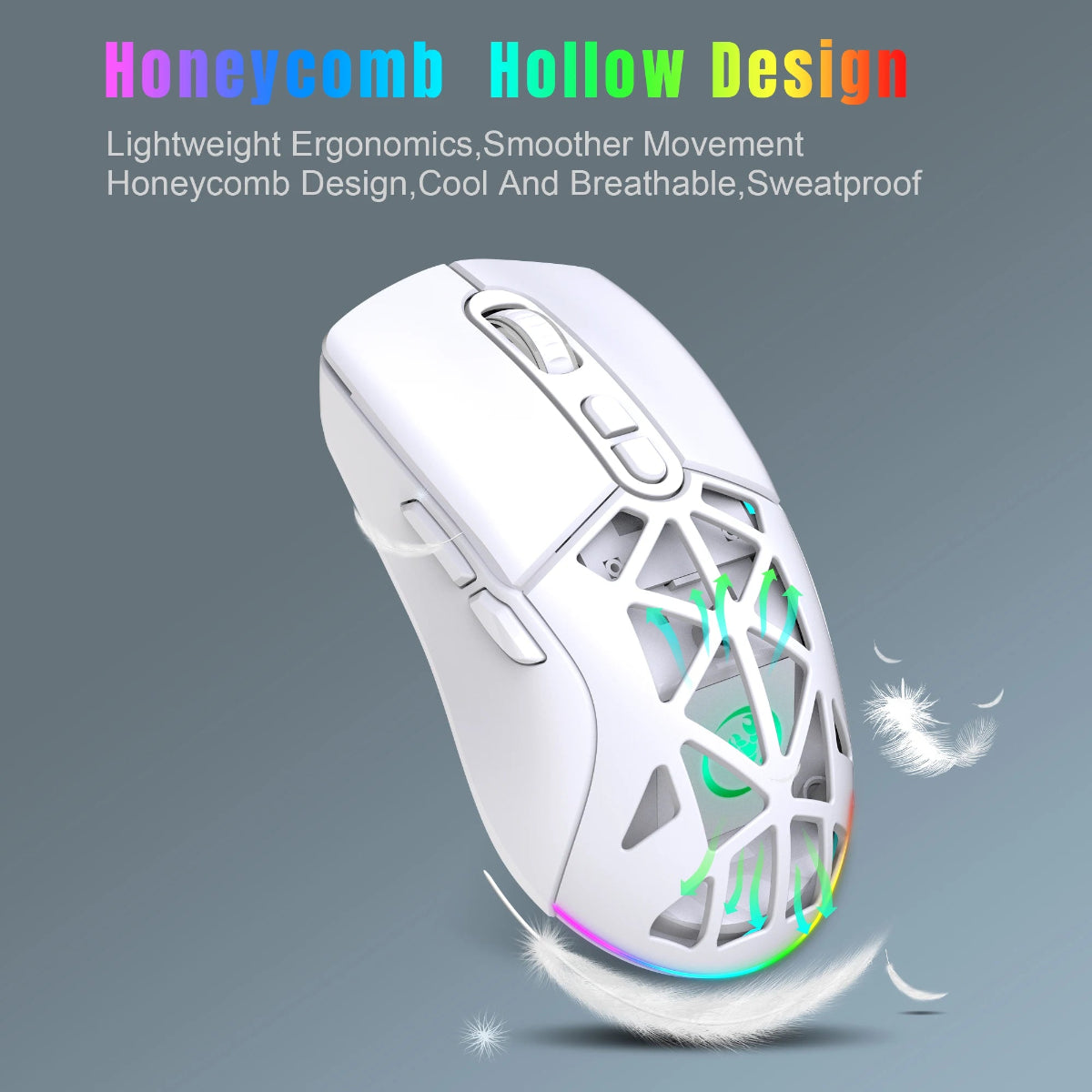 White gaming mouse with honeycomb design on a gray background