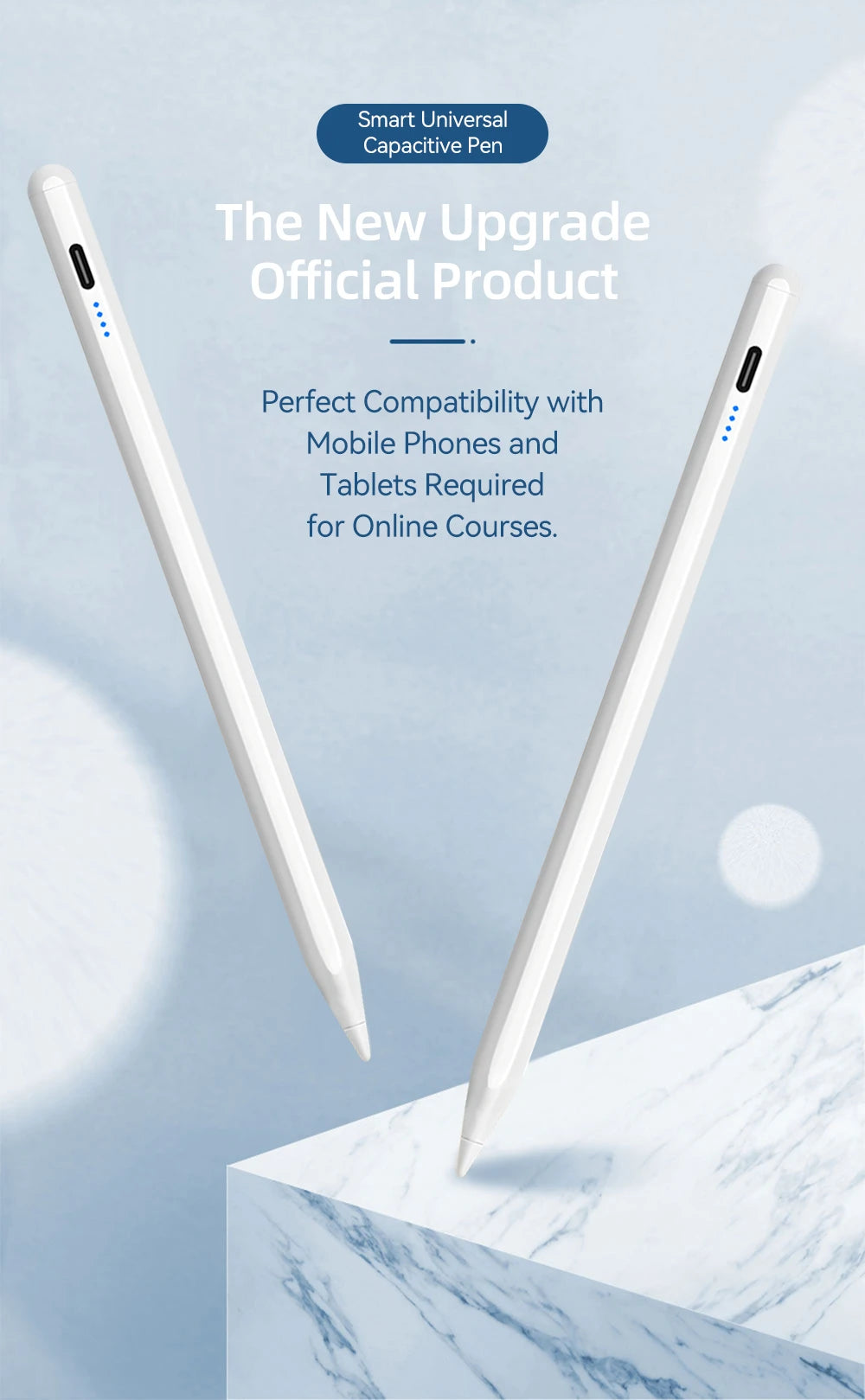 Two smart universal capacitive pens on a light blue background with text about compatibility.