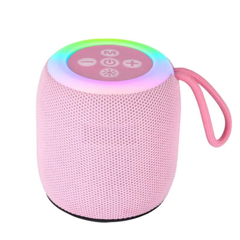 Pink portable speaker with colorful LED ring on a white background