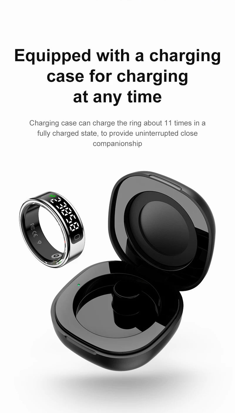 Smart ring with charging case on a white background