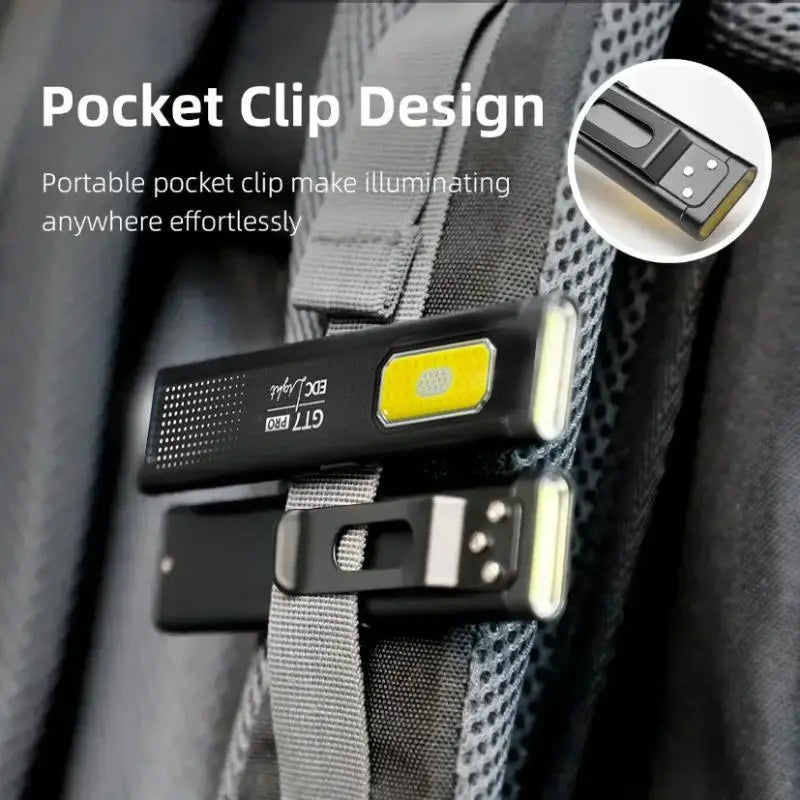 Portable light with pocket clip design attached to a bag