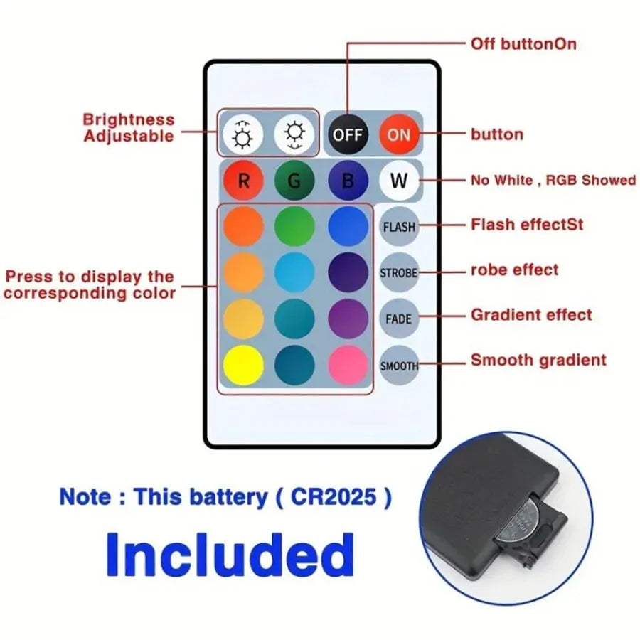 Remote control with color display and effect buttons, labeled on a white background.