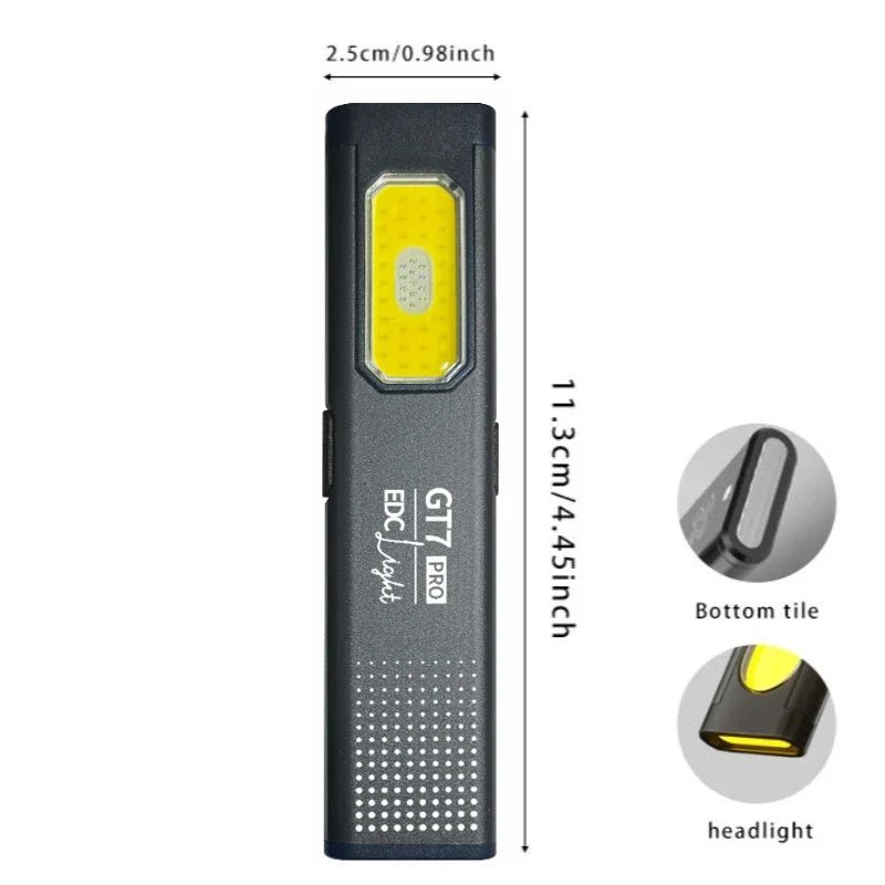 Compact flashlight with dimensions and features highlighted on a white background