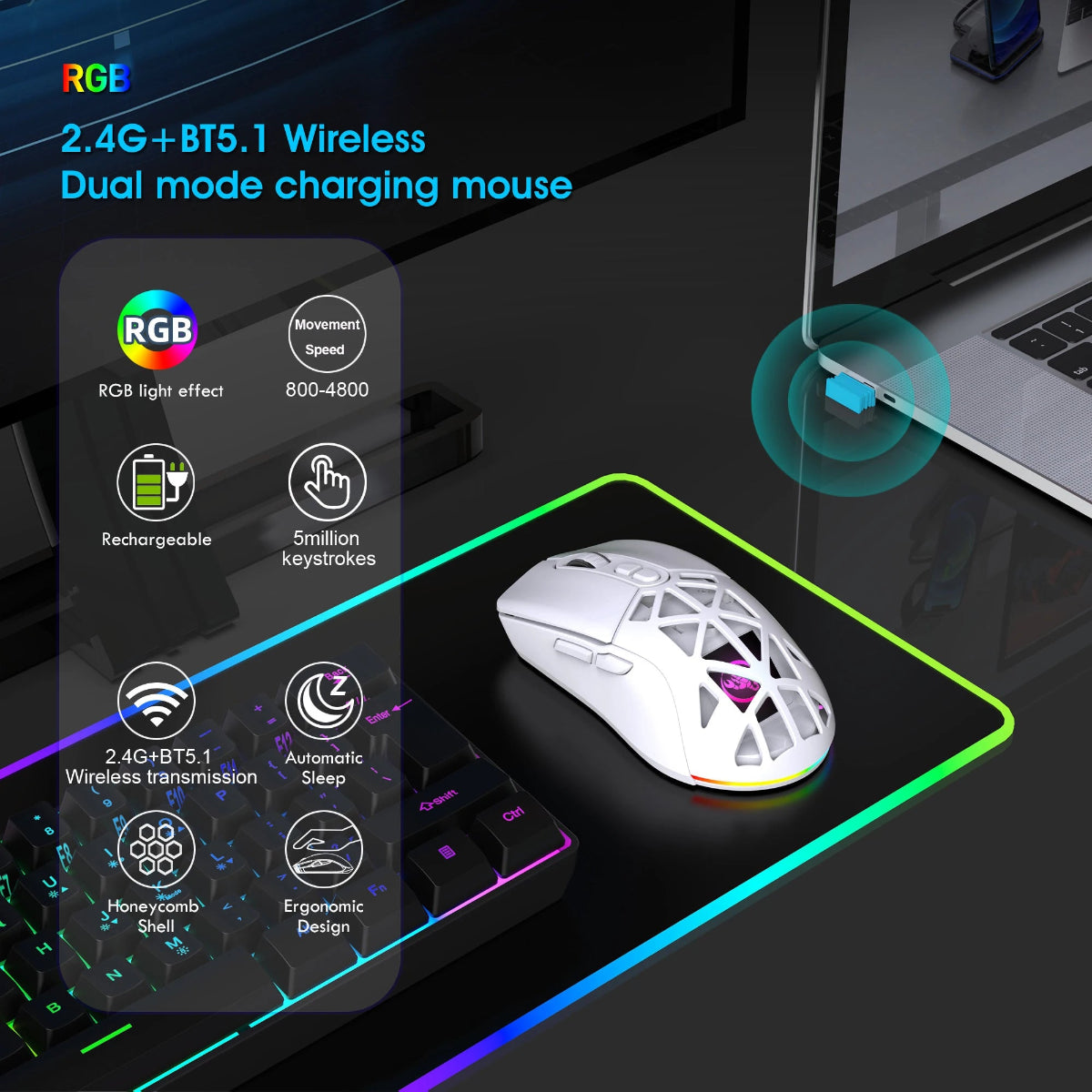 White gaming mouse with RGB lighting on a desk setup, featuring text about wireless capabilities and features.