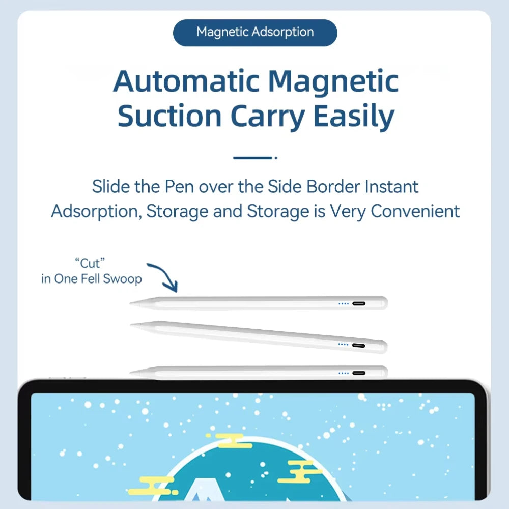 Advertisement for a pen with magnetic吸附功能, showing text and a stylized illustration of a pen on a screen.