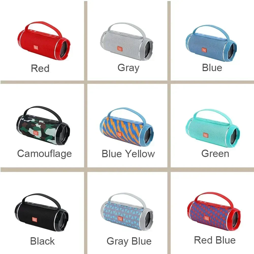 Grid of portable speakers in various colors on a white background