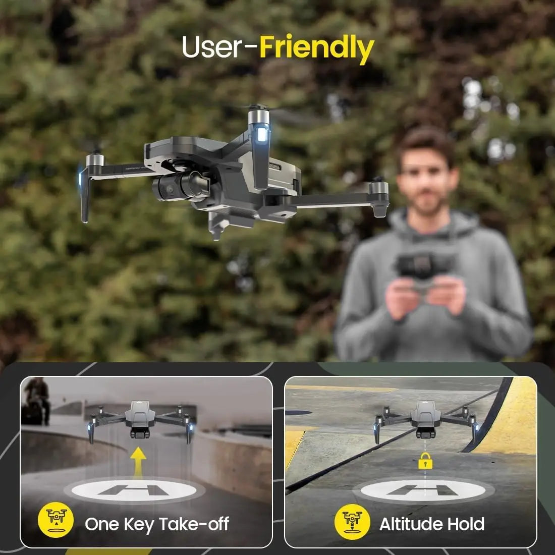 Drone flying with a person holding a phone in the background, labeled 'User-Friendly'.