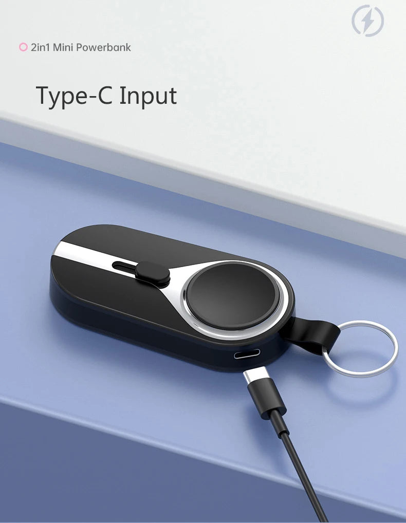 Black power bank with Type-C input on a blue background