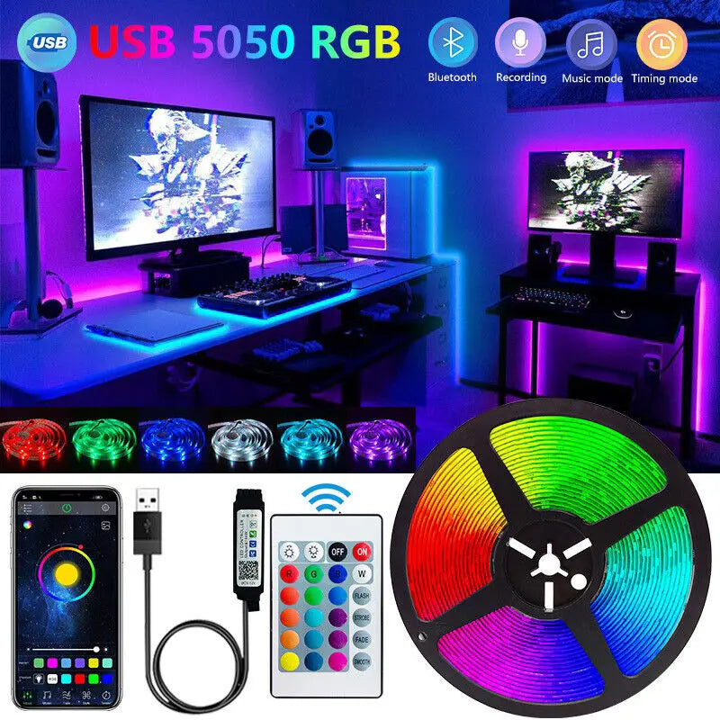 USB 5050 RGB LED strip lights with control devices and setup in a gaming room.