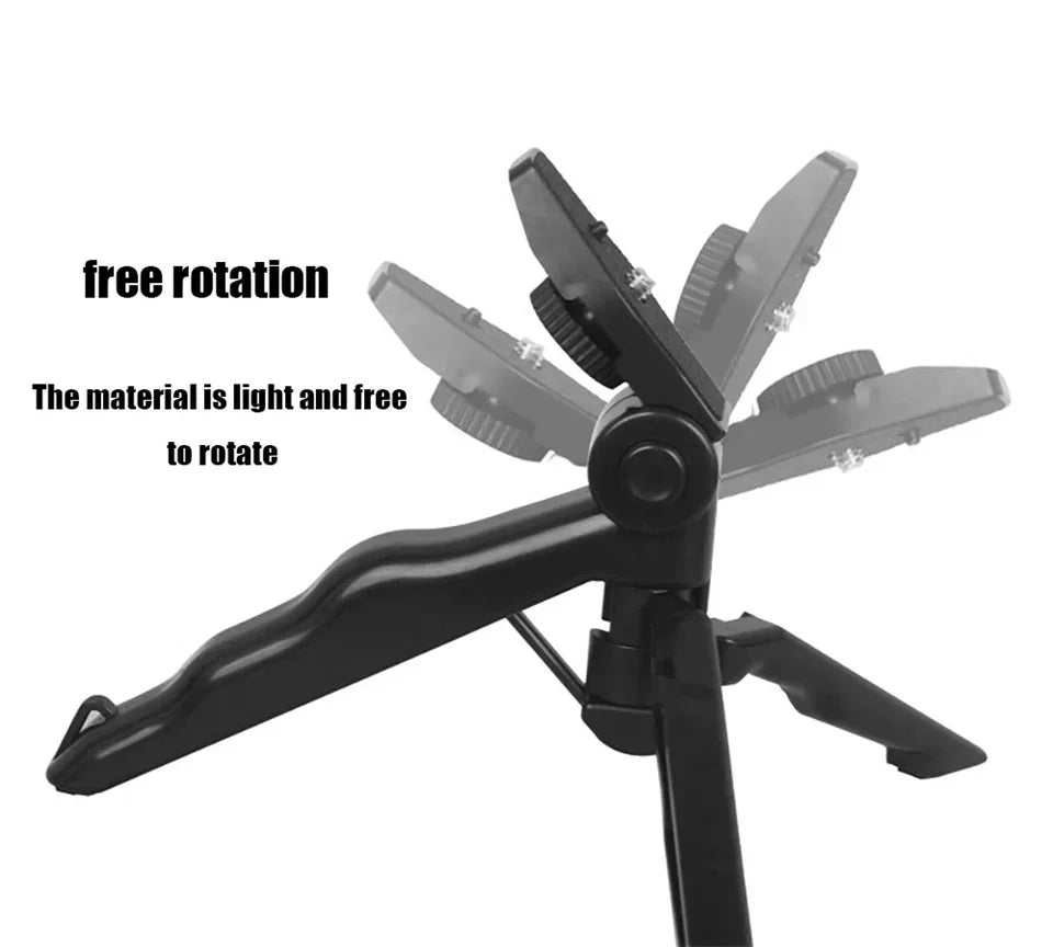 Black adjustable stand with free rotation feature on a white background